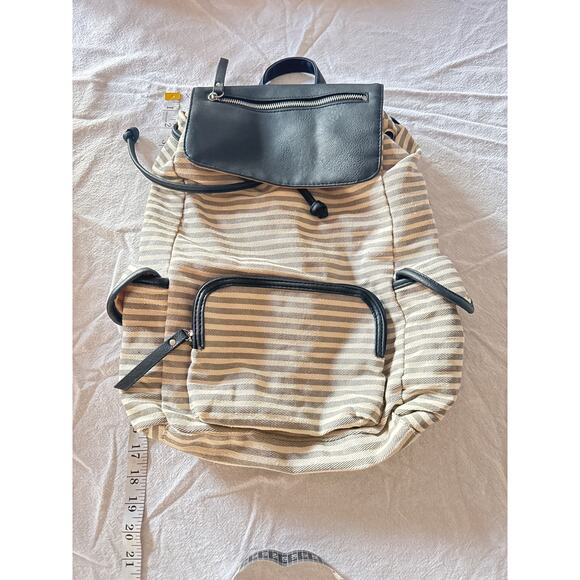 Steve Madden Girl Striped Canvas Backpack Black Faux Leather Trim - Picture 1 of 7